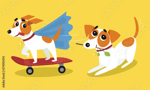 Jack Russell Terrier Character Skateboarding and Holding Tree Branch Vector Illustration Set