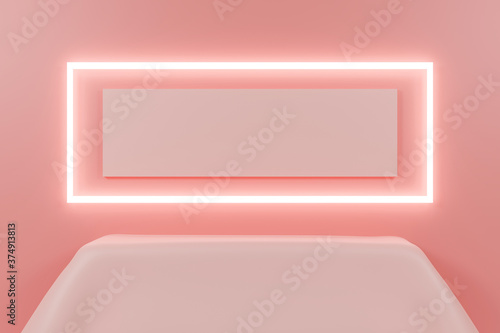 3d render glowing neon frame and empty podium.