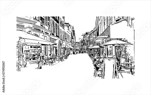 Building view with landmark of Arnhem is a city and municipality situated in the eastern part of the Netherlands. Hand drawn sketch illustration in vector.