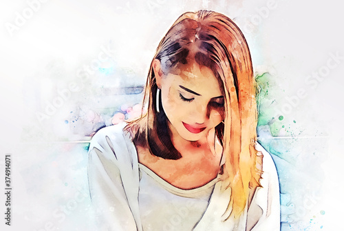 Abstract happiness young woman smile portrait watercolor illustration painting background.