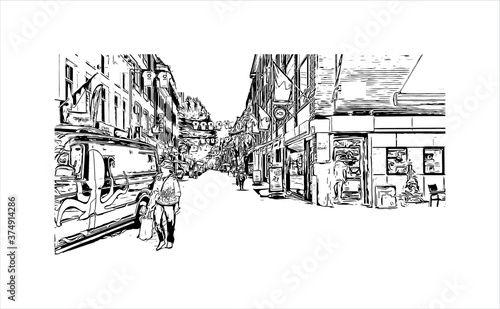 Building view with landmark of Arnhem is a city and municipality situated in the eastern part of the Netherlands. Hand drawn sketch illustration in vector.