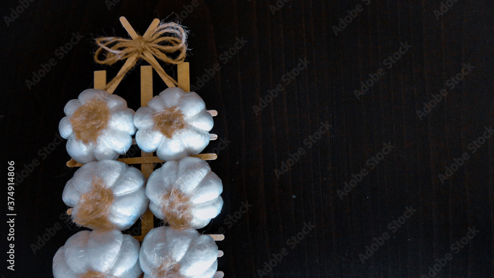 Fresh harvesting garlic tied in bunches. Dried decorative garlic on the dark background