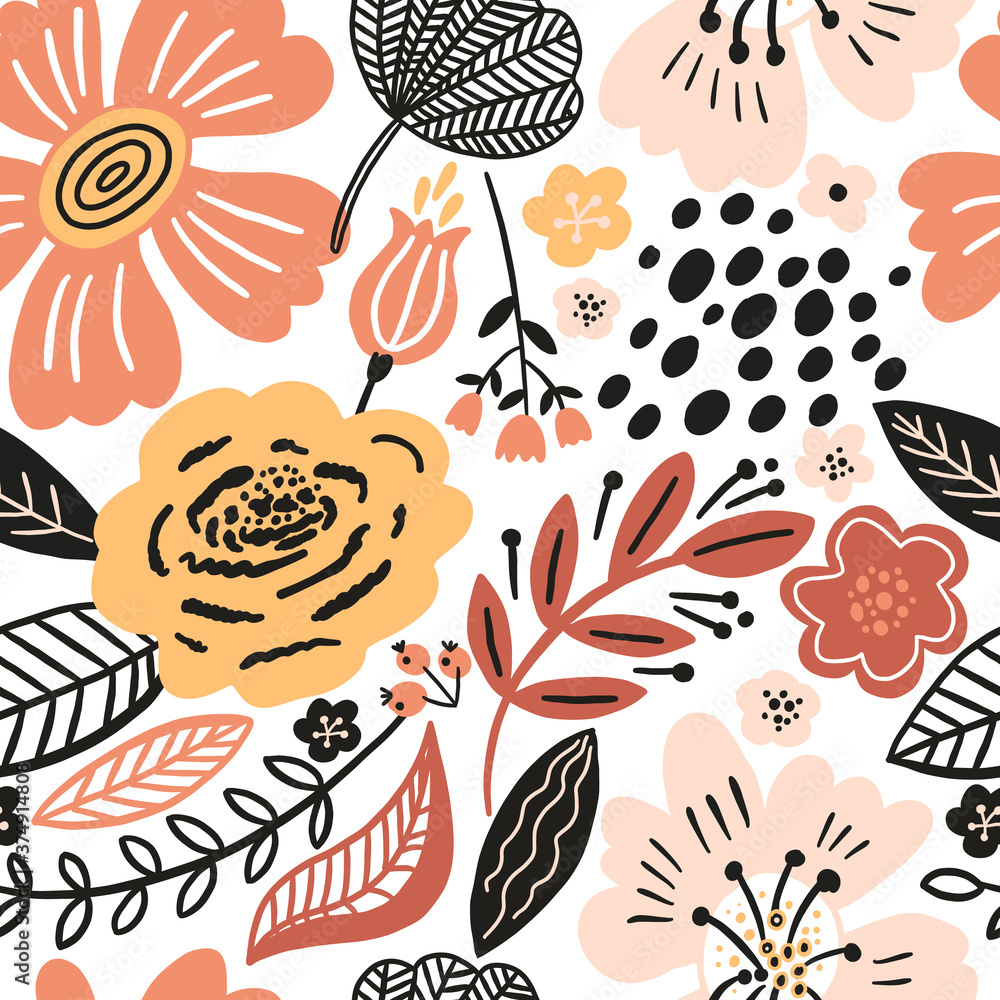Vector floral seamless pattern white colors autumn. Flat flowers, petals, leaves with and doodle elements. Collage style botanical background for textile and surface. Cutout paper design.