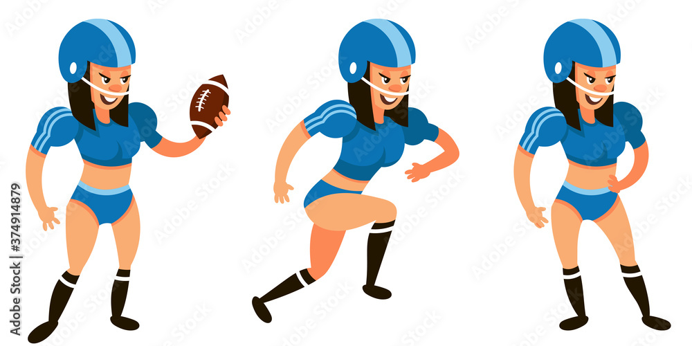American football player in different poses. Female character in cartoon style.