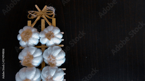 Fresh harvesting garlic tied in bunches. Dried decorative garlic on the dark background © Alohadunya