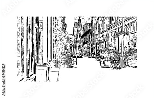Building view with landmark of Arnhem is a city and municipality situated in the eastern part of the Netherlands. Hand drawn sketch illustration in vector.