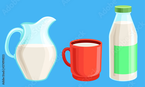 Jug of Milk or Kefir with Full Cup as Dairy Product Vector Illustration Set