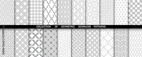 Geometric collection of gray and white patterns. Seamless vector backgrounds. Simple graphics.