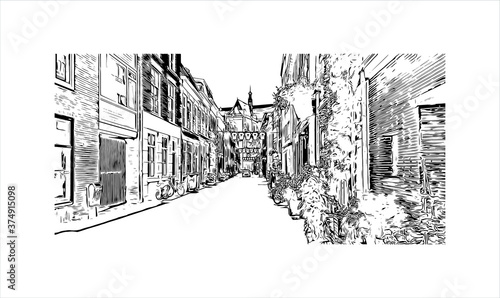 Building view with landmark of Arnhem is a city and municipality situated in the eastern part of the Netherlands. Hand drawn sketch illustration in vector.