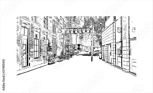 Building view with landmark of Arnhem is a city and municipality situated in the eastern part of the Netherlands. Hand drawn sketch illustration in vector.