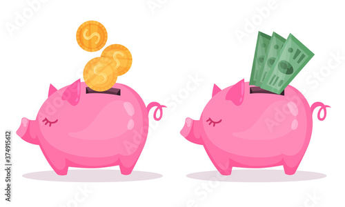 Pink Piggy Bank or Moneybox with Hole Vector Set