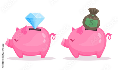 Pink Piggy Bank or Moneybox with Hole Vector Set