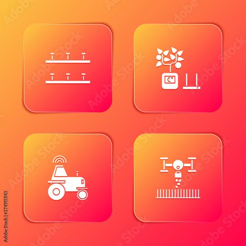 Set Automatic irrigation sprinklers, Smart farming technology, Wireless tractor smart and with drone icon. Vector.