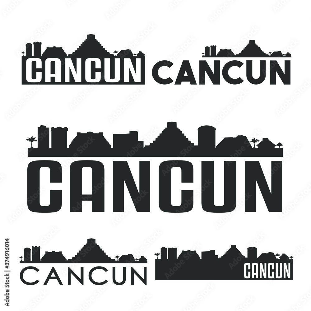 Cancun Mexico Flat Icon Skyline Vector Silhouette Design Set.