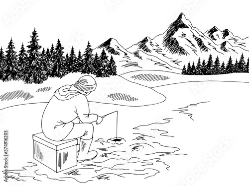 Winter fishing man graphic black white landscape sketch illustration vector