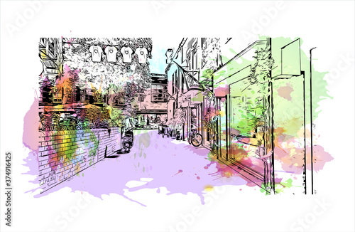 Building view with landmark of Arnhem is a city and municipality situated in the eastern part of the Netherlands. Watercolor splash with hand drawn sketch illustration in vector.