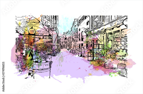 Building view with landmark of Arnhem is a city and municipality situated in the eastern part of the Netherlands. Watercolor splash with hand drawn sketch illustration in vector.