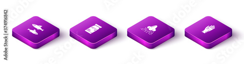 Set Isometric Fish, Medicine bottle and pills, Runny nose and Hand with psoriasis or eczema icon. Vector.