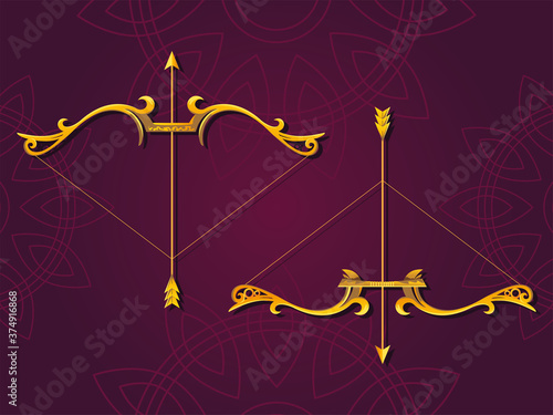 set of golden bows and arrows on brown background