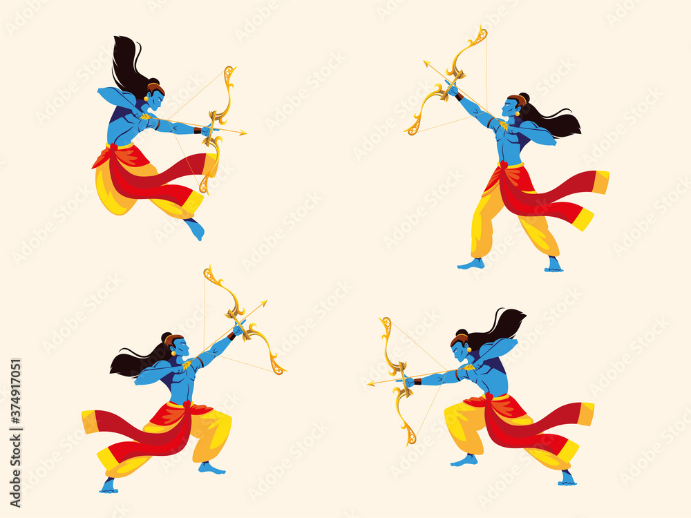 Lord Rama with bow and arrow, set of four poses
