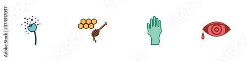 Set Flower producing pollen, Honeycomb with honey dipper, Hand psoriasis or eczema and Reddish eye allergic conjunctivitis icon. Vector.