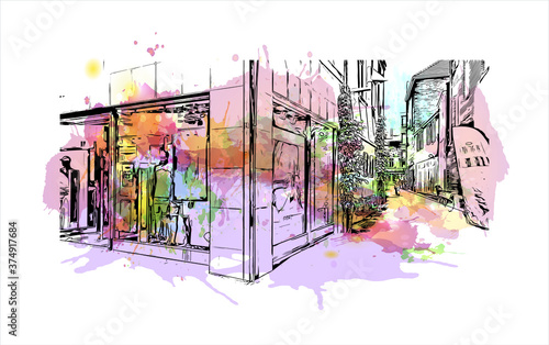 Building view with landmark of Arnhem is a city and municipality situated in the eastern part of the Netherlands. Watercolor splash with hand drawn sketch illustration in vector.