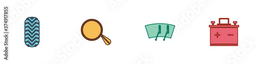 Set Car tire, mirror, Windscreen wiper and battery icon. Vector.