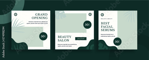 Set of editable templates for Instagram post, Facebook square, corporate, advertisement, and business,  store, skincare, fresh design with simple green color. (3/3)	