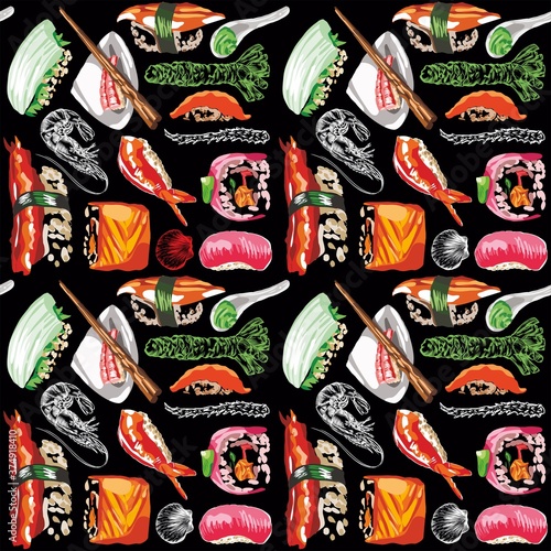 Raster illustration of sushi and rolls. Seamless seam, pattern, print. High detail rendering.