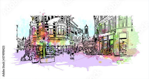 Building view with landmark of Arnhem is a city and municipality situated in the eastern part of the Netherlands. Watercolor splash with hand drawn sketch illustration in vector.