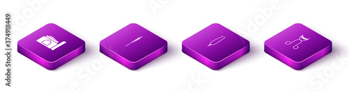 Set Isometric Cream cosmetic tube, Syringe, Eyebrow tweezers and Eyelash curler icon. Vector.