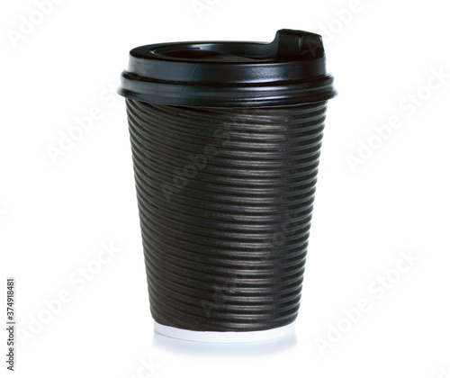 Black cardboard cup of coffee with a lid on white background isolation