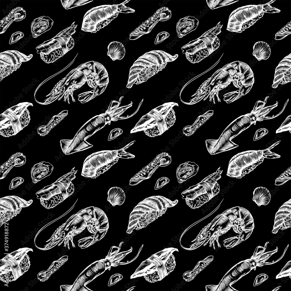 Raster illustration of sushi and rolls. Seamless seam, pattern, print. High detail rendering. Raster illustration of sushi and rolls. Seamless seam, pattern, print. High detail rendering.