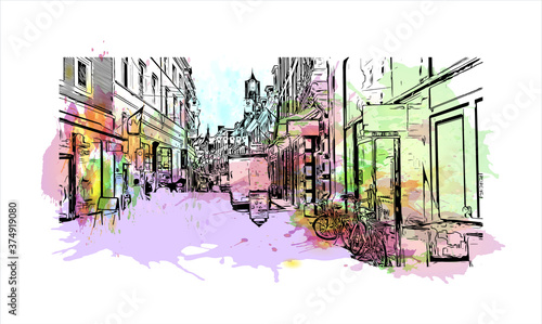 Building view with landmark of Arnhem is a city and municipality situated in the eastern part of the Netherlands. Watercolor splash with hand drawn sketch illustration in vector.