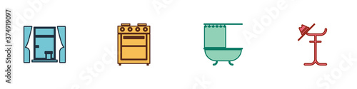 Set Window with curtains, Oven, Bathtub shower and Coat stand icon. Vector.