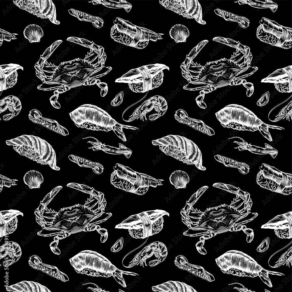 Raster illustration of sushi and rolls. Seamless seam, pattern, print. High detail rendering. Raster illustration of sushi and rolls. Seamless seam, pattern, print. High detail rendering.