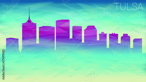 Tulsa Oklahoma City USA. Broken Glass Abstract Geometric Dynamic Textured. Banner Background. Colorful Shape Composition.