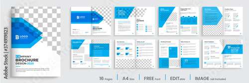 Brochure template design, blue modern company profile template layout, 16 pages business brochure template.