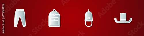 Set Sport pants, Backpack, Police cap with cockade and Man hat icon. Vector.