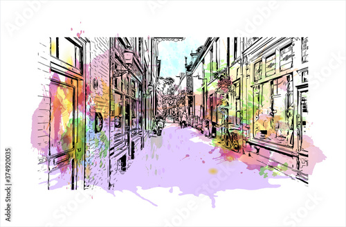 Building view with landmark of Arnhem is a city and municipality situated in the eastern part of the Netherlands. Watercolor splash with hand drawn sketch illustration in vector.