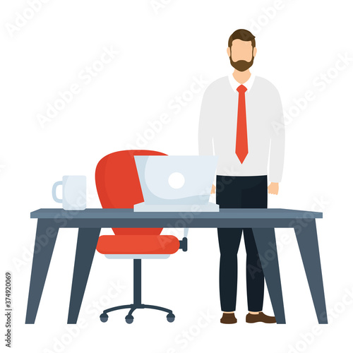 elegant businessman worker with desk and laptop in workplace