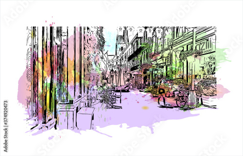 Building view with landmark of Arnhem is a city and municipality situated in the eastern part of the Netherlands. Watercolor splash with hand drawn sketch illustration in vector.