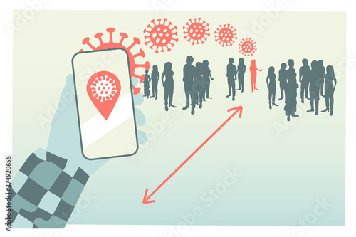 Smartphone covid-19 coronavirus tracking. Location tracking application for people infected with the corona virus. Corona virus outbreak information application. Flat vector illustration.