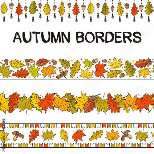 Set for autumn decoration. Seamless patterns for frames and borders. Hand drawn autumn leaves in doodle style. Vector elements for the design of Seasons cards, posters and banners.