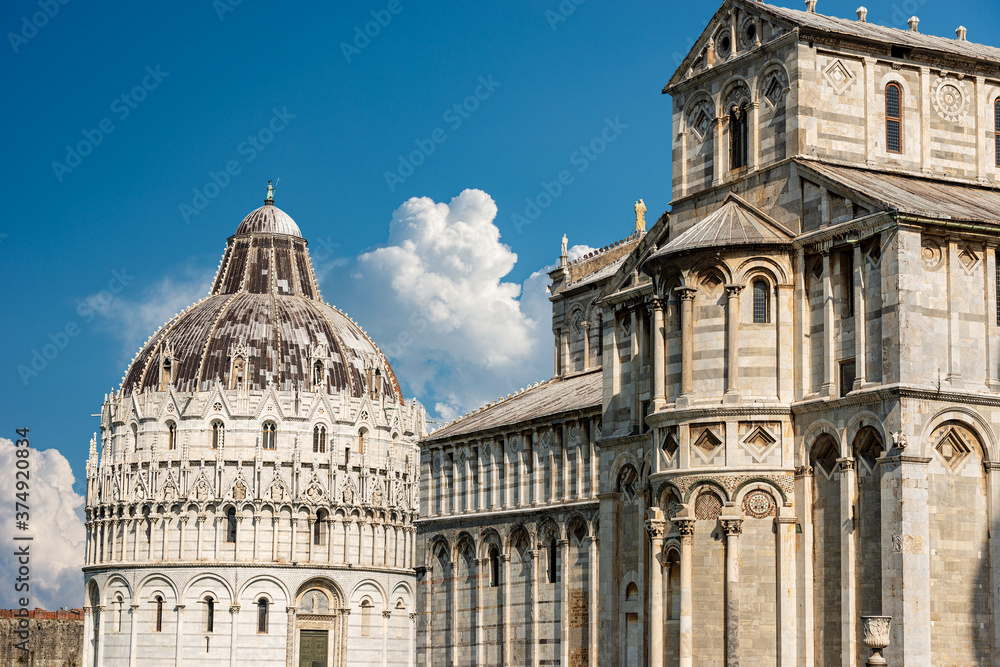 Pisa, Piazza dei Miracoli (Square of Miracles) with the Cathedral (Duomo di Santa Maria Assunta) and Baptistery (Battistero di San Giovanni), Tuscany, Italy, Europe 