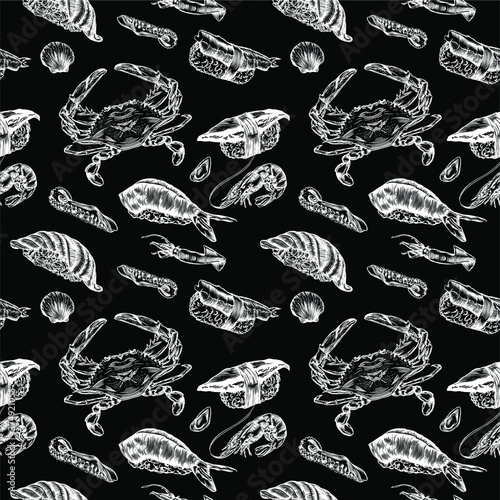 Vector illustration of sushi and rolls. Seamless seam, pattern, print. High detail rendering.