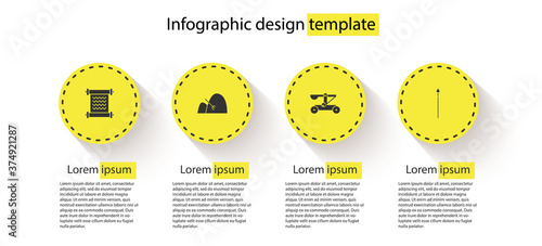 Set Decree, parchment, scroll, Bale of hay and rake, Catapult shooting stones and Medieval spear. Business infographic template. Vector.