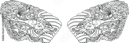 Koi carp with Japanese wave tattoo and outline hand drawing.