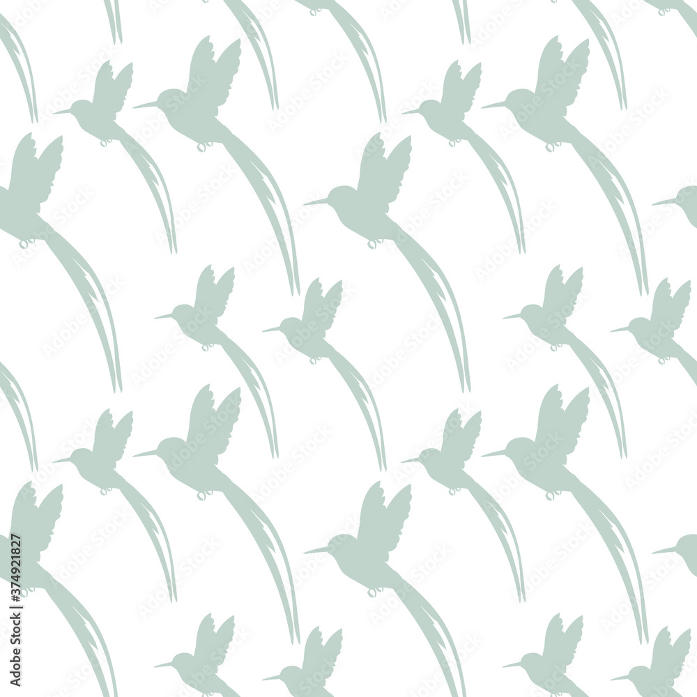Seamless pattern with small flying birds of paradise hummingbirds on a white background. Design for fabric, clothing, bedding, wrapping paper Seamless pattern with small flying birds of paradise hummingbirds on a white background. Design for fabric, clothing, bedding, wrapping paper