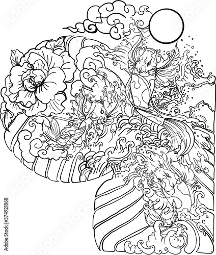 Koi carp with Japanese wave tattoo and outline hand drawing.koi fish tattoo for Upper arm
